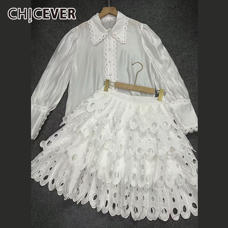 Winter Clothing Line - CHICEVER Solid Hollow Out ชุดกระโปรงผู้หญิงเสื้อแขนยาวเอวสูงกระโปรงสาย Elegant