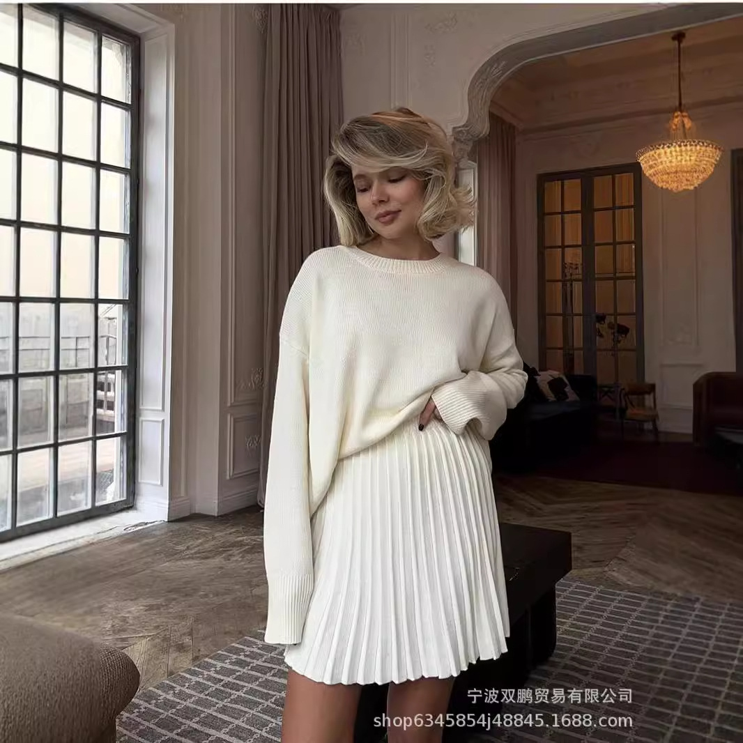 Winter Clothing Line - ฤดูใบไม้ร่วงสีทึบO-คอเสื้อกันหนาวชุดเสื้อผ้าสตรี2024ใหม่แขนยาวFishionสไตล์หลวมถักชุดกระโปรงสั้น