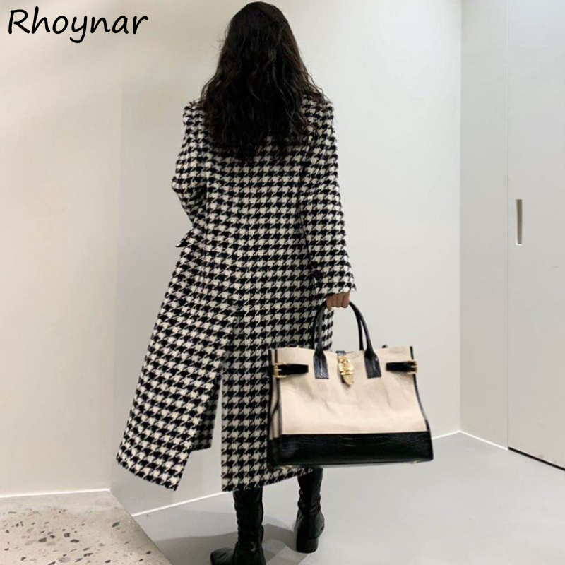Winter Clothing In French - Houndstooth ผสมผู้หญิงเสื้อโค้ทยาว Vintage Elegant High Street