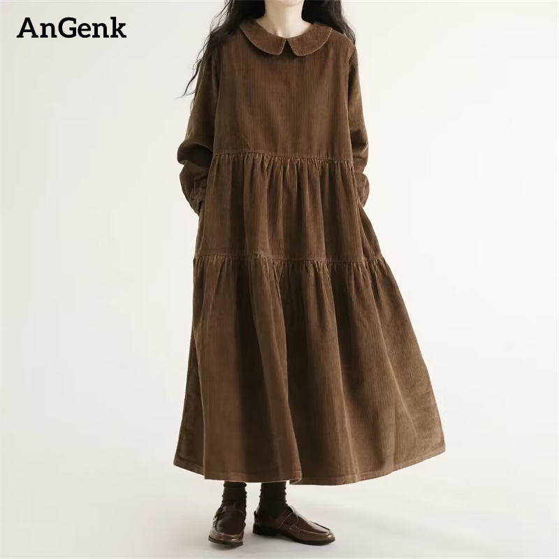 Winter Clothing Line - ชุดเดรสผ้าฝ้ายสีพื้นสไตล์วินเทจสำหรับผู้หญิง ฤดูใบไม้ผลิ ฤดูใบไม้ร่วง 2026 สไตล์เกาหลีลำลอง แฟชั่น