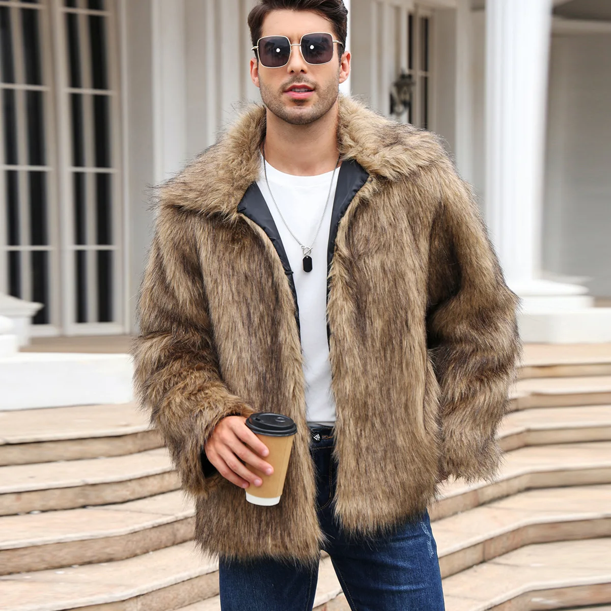 Winter Clothing Clearance - ผู้ชายFaux Foxขนสัตว์เสื้อแจ็คเก็ตฤดูหนาวหนาหนาแขนยาวWarm Shaggy Jacketหรูหราเสื้อขนสัตว์Bontjasแจ็คเก็ตบุรุษ