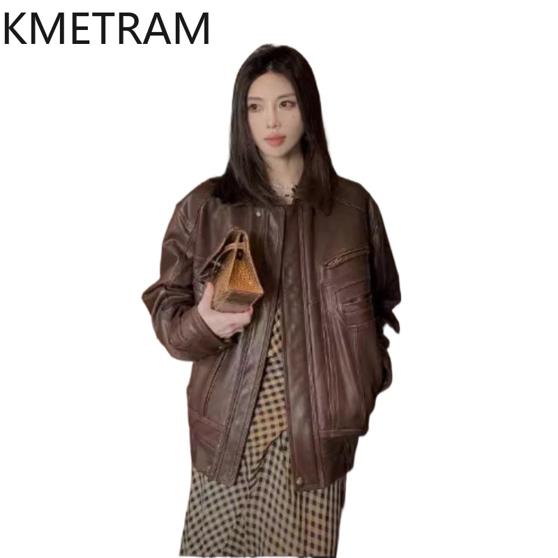 Winter Clothing In Spanish - เสื้อแจ็คเก็ตหนังแกะฟอกฝาดจากสเปน KMETRAM สำหรับผู้หญิง สไตล์เรโทร ทรงสั้น เหมาะสำหรับฤดูใบไม้ร่วง
