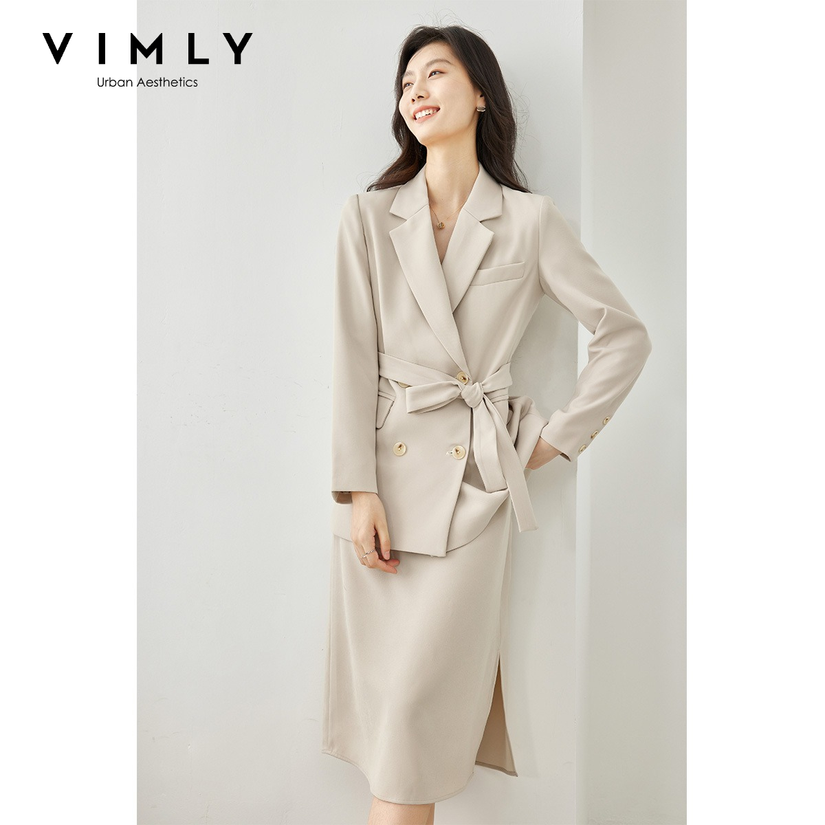 Winter Clothing Line - ชุดเซ็ตสองชิ้นสำหรับผู้หญิง VIMLY คอลเลคชั่นฤดูใบไม้ร่วง 2026 เสื้อเบลเซอร์และเดรสทรงเข้ารูป สไตล์หรูหราสำหรับสาวออฟฟิศ