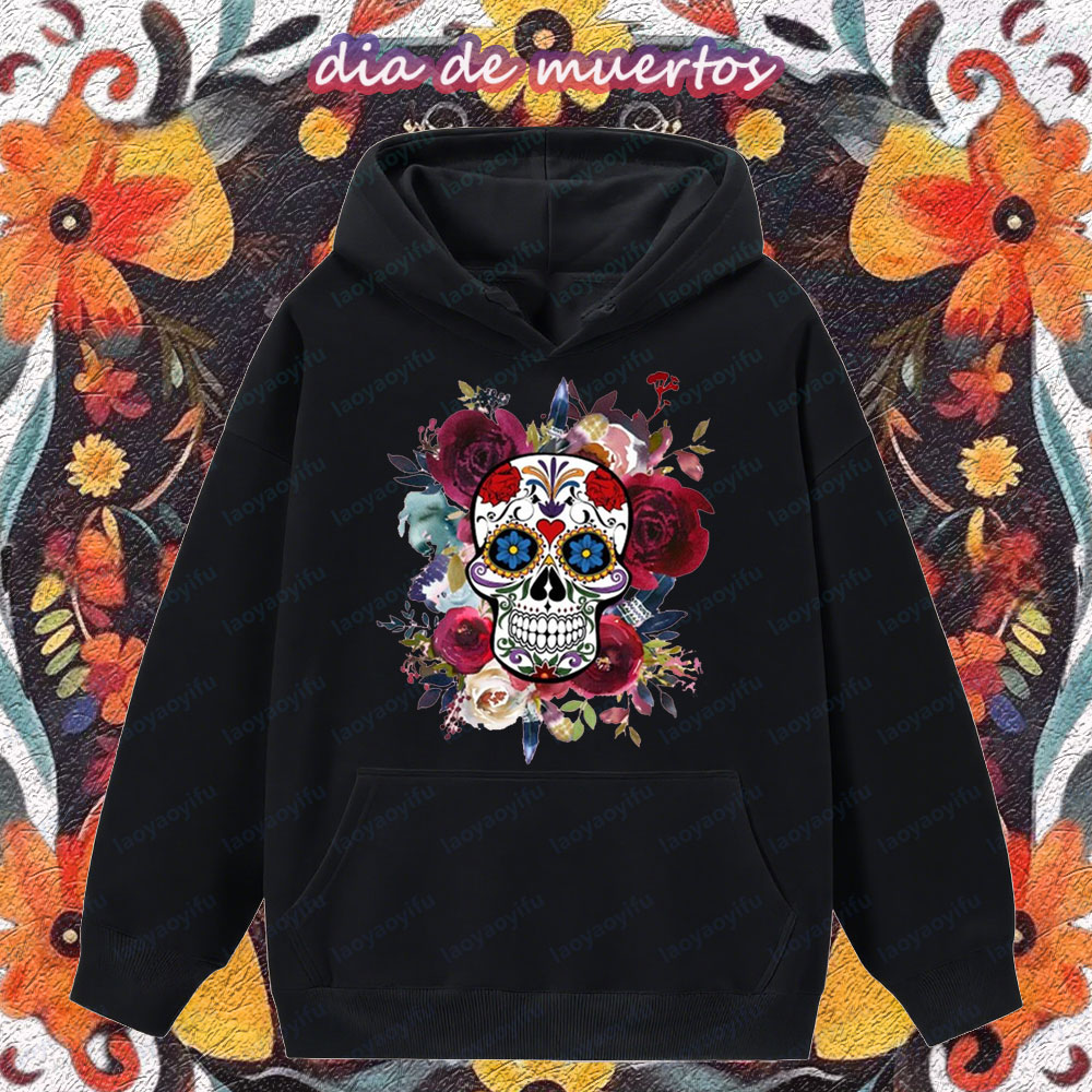 Winter Clothing In Spanish - เสื้อฮู้ดดี้ลายดอกไม้และโครงกระดูกสไตล์วินเทจสเปนสำหรับเทศกาลวันเดียดีลัสมูเอร์ส ดีไซน์สร้างสรรค์ลายหัวกะโหลกน้ำตาล สำหรับผู้ชายและผู้หญิง