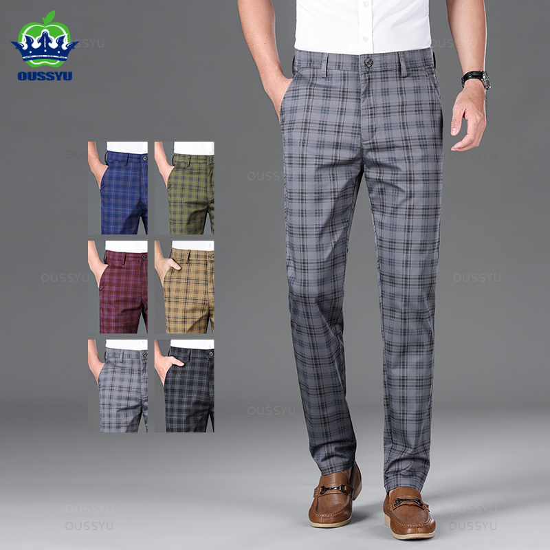 Winter Clothing Brands - Oussyu กางเกงขายาวกางเกงขายาวลายสก็อตผู้ชาย, ผ้าฝ้ายลำลองธุรกิจคลาสสิกกางเกงขายาวเป็นทางการยาว30-38
