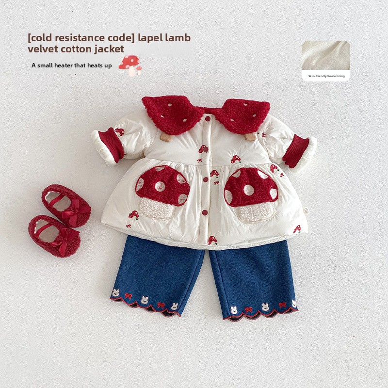 Winter Clothing Baby - ชุดเด็กผู้หญิงสไตล์ตะวันตกสำหรับปีใหม่ 2025 ชุดฤดูหนาวสำหรับเด็กอายุหนึ่งขวบ ชุดวันเกิด เสื้อผ้าเด็กทารก ผ้าฝ้ายลายเห็ด