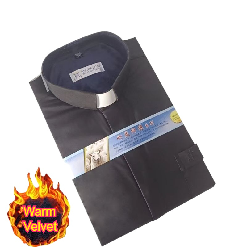 Winter Clothing In Spanish - ฤดูหนาวแขนยาวผู้ชาย Tab Collar พระสงฆ์เสื้อกํามะหยี่สวมใส่ Priest เครื่องแต่งกายสีดําเสื้อโบสถ์